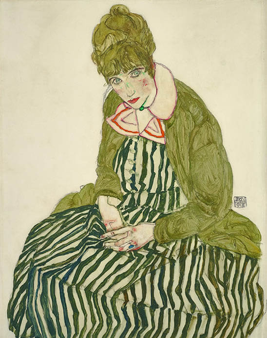 エゴン・シーレ 《縞模様のドレスを着て座るエーディト・シーレ》1915年　鉛筆、グワッシュ／紙　レオポルド美術館蔵　Leopold Museum, Vienna