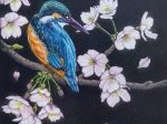 「桜に翡翠」カラーメゾチント　25×16cm