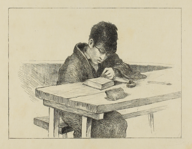 ジョルジュ・ビゴー『クロッキー・ジャポネ』より「読書をする子供」 明治19年（1886）、銅版