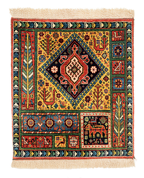 ミーリー工房 ウールパイル織絨毯「Yasamin（ジャスミン）」 ［毛100% 約66×55㎝/ファールス州 カシュガイ族］