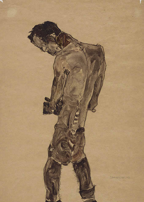 エゴン・シーレ 《背を向けて立つ裸体の男》1910年　グワッシュ、木炭／紙　レオポルド家コレクション　Leopold Museum, Vienna