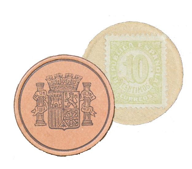 切手の版を流用したお札          スペイン　10センタボ　1938年