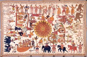 千花弁の蓮とヒンドゥーの神々 19世紀中ごろ 福岡アジア美術館蔵 カンタと呼ばれる刺し子布です。古くなったサリーなどの布を重ねて刺繍し、布団や敷物に使われました。この作品は特に豪華で、特別な日の儀礼の敷物として使われました。