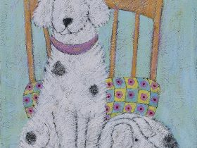 「オレンジ色の椅子に座る犬」 油彩　45,5×31,5cm