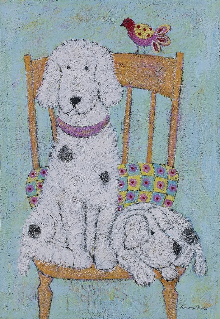 「オレンジ色の椅子に座る犬」 油彩　45,5×31,5cm