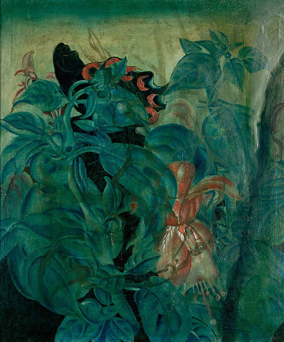 《花と蝶》靉光　1941-2年頃　油彩、カンヴァス　練馬区立美術館