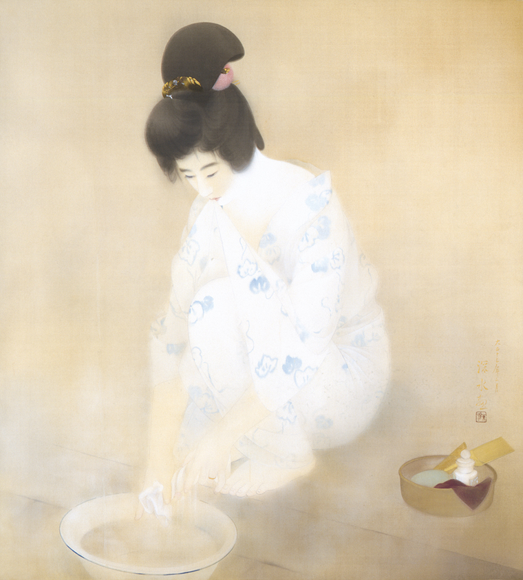  《湯気》大正13年(1924) 湯上りの女性が放つほのかな色香を情緒豊かに表現した一作です。何気ない仕草に深水の鋭いまなざしが感じられます。
