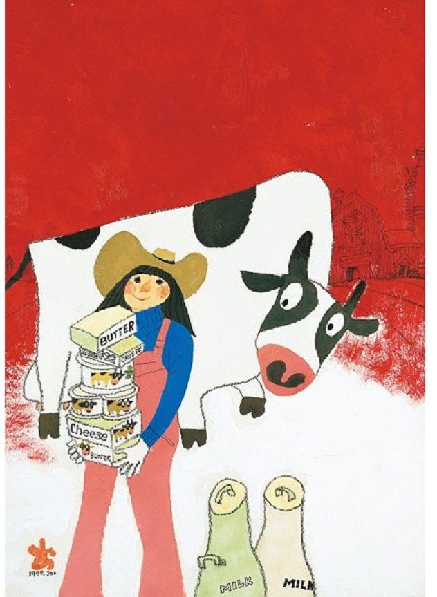 作品名：バター・チーズ・牛乳  技　法：デジタル版画  額　寸：56×44cm  制作年：2022年(新作版画)  限定数：10部    ※原画：1976年(水彩・コンテ)