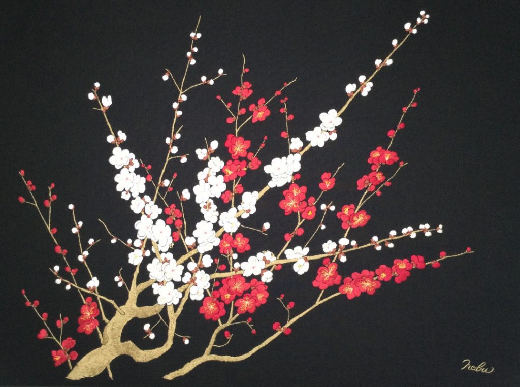 「紅白梅　Red & White Plum Blossoms」 54×72cm