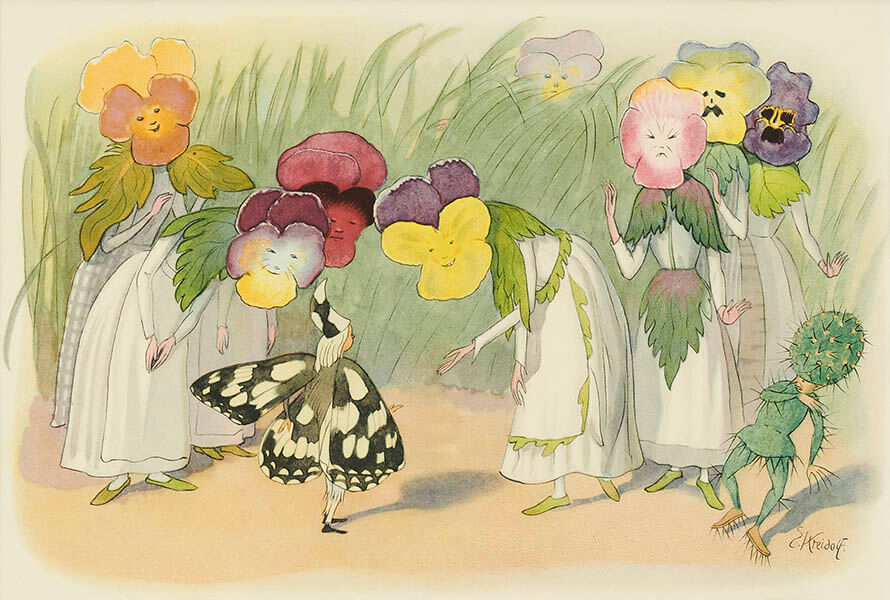 エルンスト・クライドルフ『花を棲みかに（春の使い）』《まま母さん》1926年　小さな絵本美術館蔵