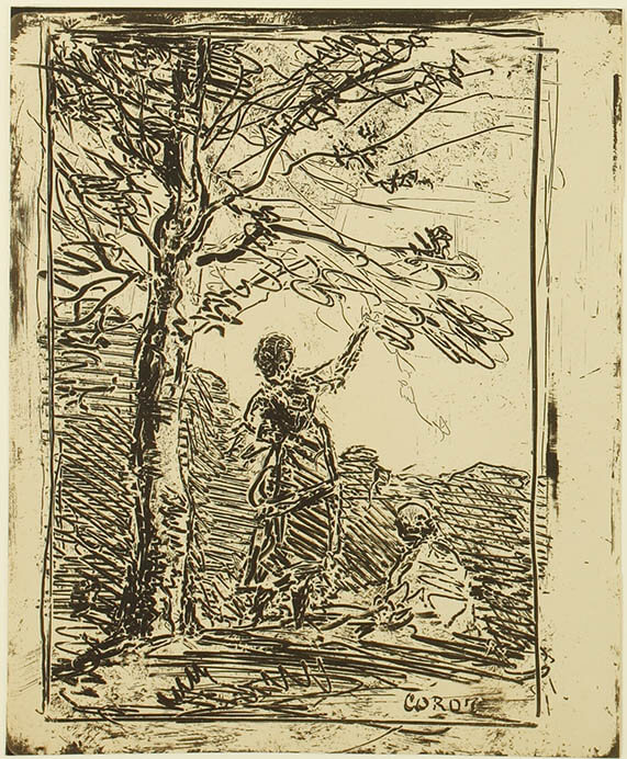カミーユ・コロー《乙女と死》、1854年、クリシェ・ヴェール、町田市立国際版画美術館 ※クリシェ・ヴェールはガラス板に描画し、印画紙に焼き付ける、写真と版画のハイブリッドな技法。