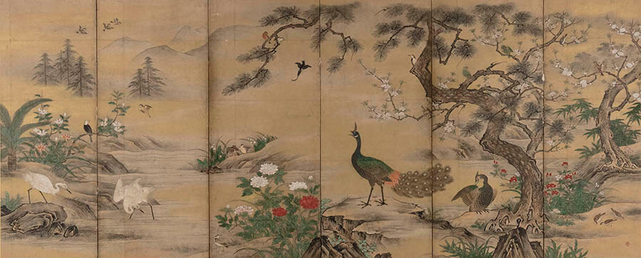 四季花鳥図屛風（右隻）狩野松栄　日本・室町時代　16世紀　山口県立美術館蔵