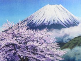 桜花富士 M100号 晴れてよし　曇りでもよし　富士の山 もとの姿は　変わらざりけり 山岡鉄舟