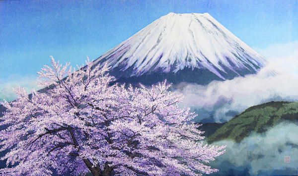 桜花富士 M100号 晴れてよし　曇りでもよし　富士の山 もとの姿は　変わらざりけり 山岡鉄舟