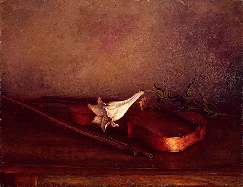 髙島野十郎《百合とヴァイオリン》1921-26年、油彩・キャンバス、目黒区美術館蔵