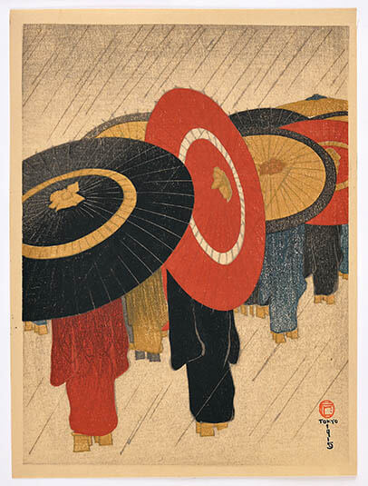 フリッツ・カペラリ《傘（雨中女学生帰路の図）》大正4年（1915）渡邊木版美術画舗