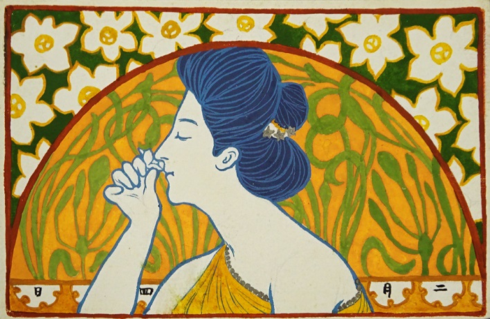 橋口五葉ら《はがき絵「花の香をかぐ女」》1905年頃　鹿児島市立美術館蔵