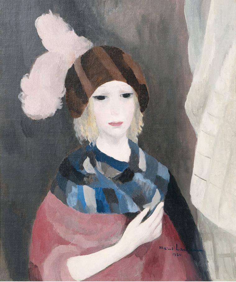 マリー・ローランサン　《羽根飾りの帽子の女、あるいはティリア、あるいはタニア》 1924年　油彩/キャンヴァス　マリー・ローランサン美術館 © Musée Marie Laurencin

