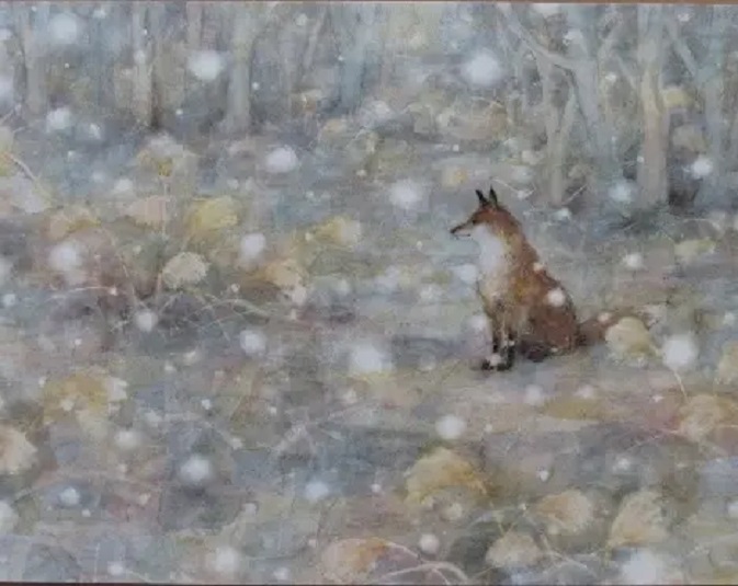 「山に雪が降る頃」（狐）（縦31.5×横40.7cm）