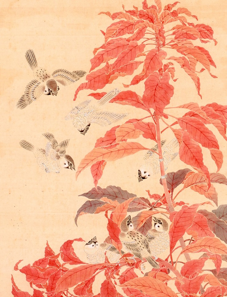田能村竹田《雁来紅群雀図》1813 (部分) 重要文化財