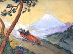 《自動車広告案 富士山を背景に疾走する赤い自動車》 ジョルジュ・ビゴー 1906年頃