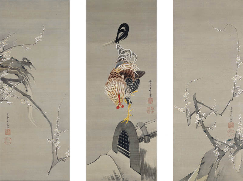 《中鶏 左右梅図》伊藤若冲　天明9(1789)年　鹿苑寺蔵