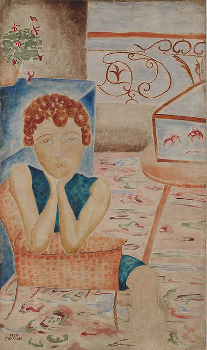 高崎剛《窓辺の金魚鉢と娘(仮題)》1928年　油彩　キャンバス　徳島県立近代美術館蔵