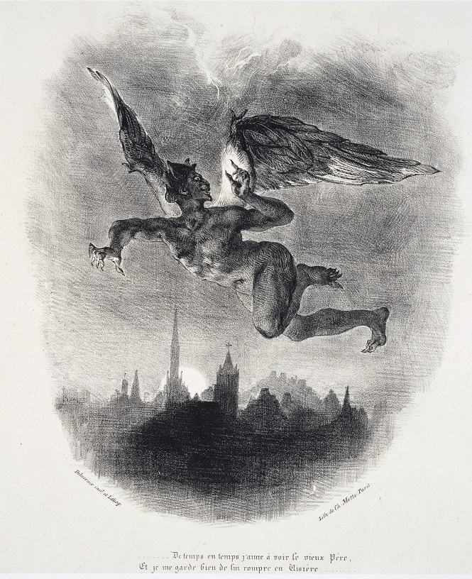 ウジェーヌ・ドラクロワ 《ゲーテ『ファウスト』による連作：空を飛ぶメフィストフェレス》 1828年　リトグラフ