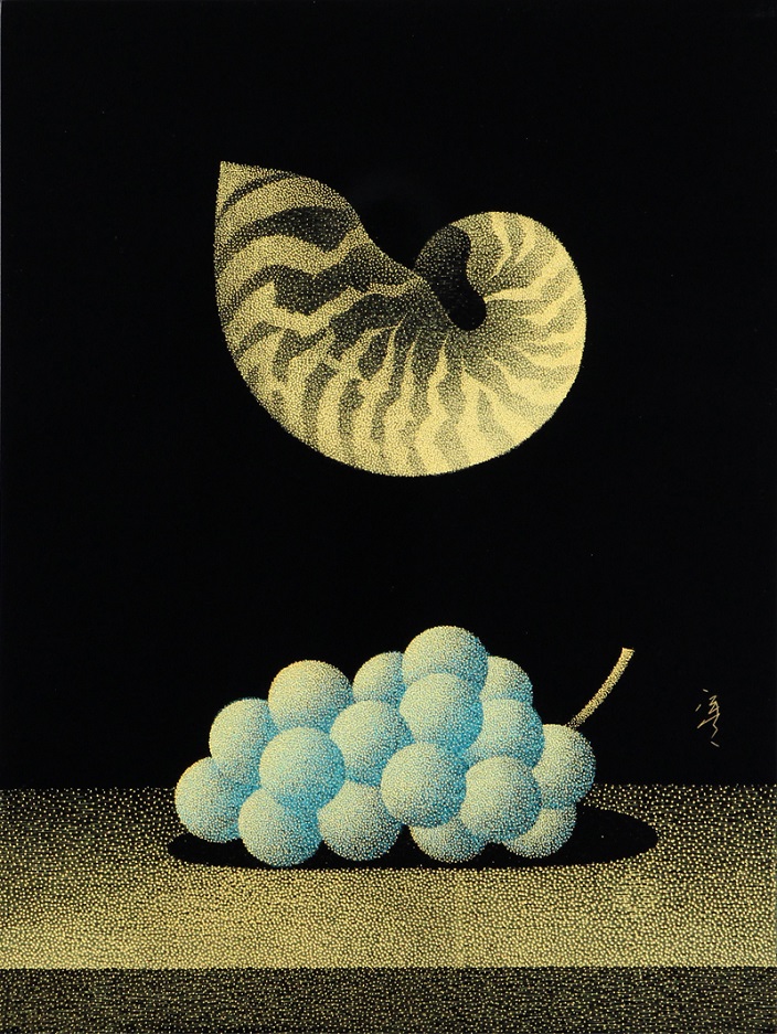 角　康二 輪島漆芸額　沈金「葡萄と貝」 サイズ：２号　額寸44×38cm