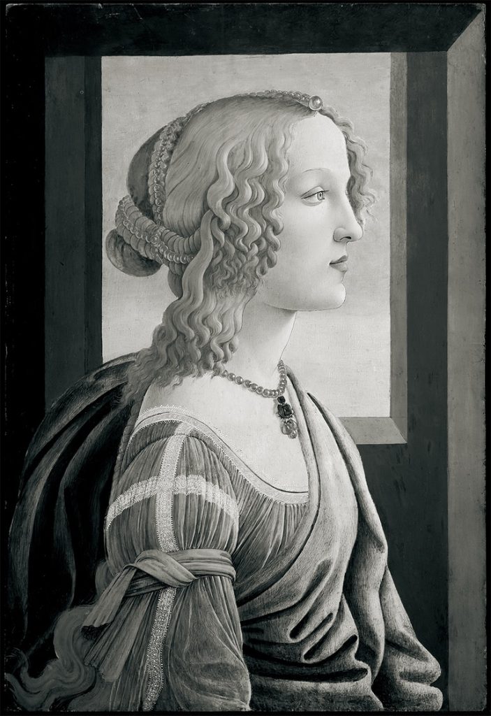 サンドロ・ボッティチェリ《美しきシモネッタ》15世紀後半（推定1469年から1475年の間）、東京、丸紅株式会社 ※実物はカラー作品です。