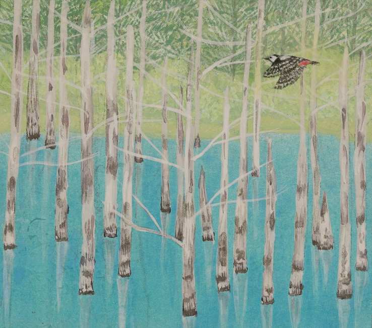 「青い池―アカゲラ」
（和紙・岩絵具・銀箔、12.8×14.5cm）
