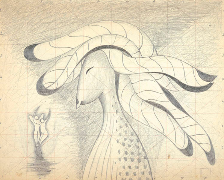 《狐神図 ( 稲荷図No.4)》の素描, 1948 年頃, 鉛筆, 色鉛筆 / 紙, 市立伊丹ミュージアム蔵

