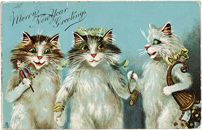 内田魯庵（貢）　漱石あて年賀状

1906年1月1日消印　「吾輩は猫である」発表後に多数届いた、猫の絵柄の年賀状や絵はがきの1枚。