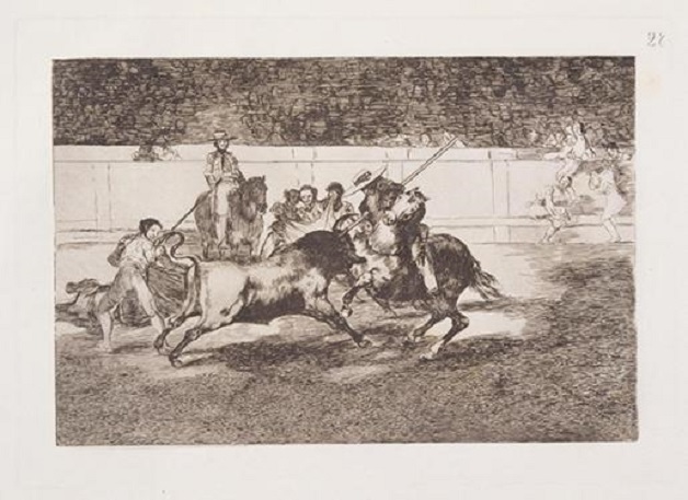 フランシスコ・デ・ゴヤ《闘牛技(28)勇敢なレンドーンはマドリード闘牛場において牡牛を長槍で突きながら、その技の最中に死んだ》1815年　エッチング・紙