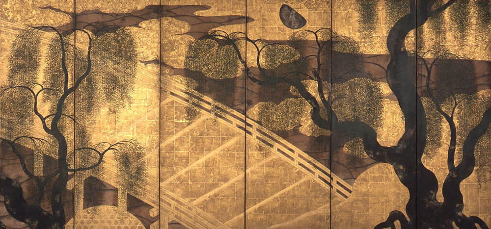 重要美術品　柳橋水車図屏風（右隻）　長谷川等伯　桃山時代　16～17世紀　香雪美術館

