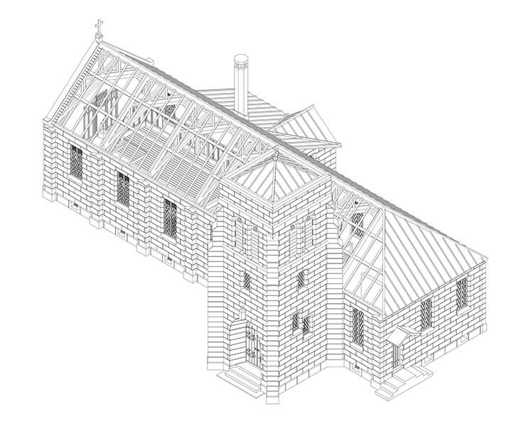 日本聖公会 宇都宮聖ヨハネ教会礼拝堂 投影図
2022年　※上林敬吉の図面に基づき模型工房「さいとう」が制作