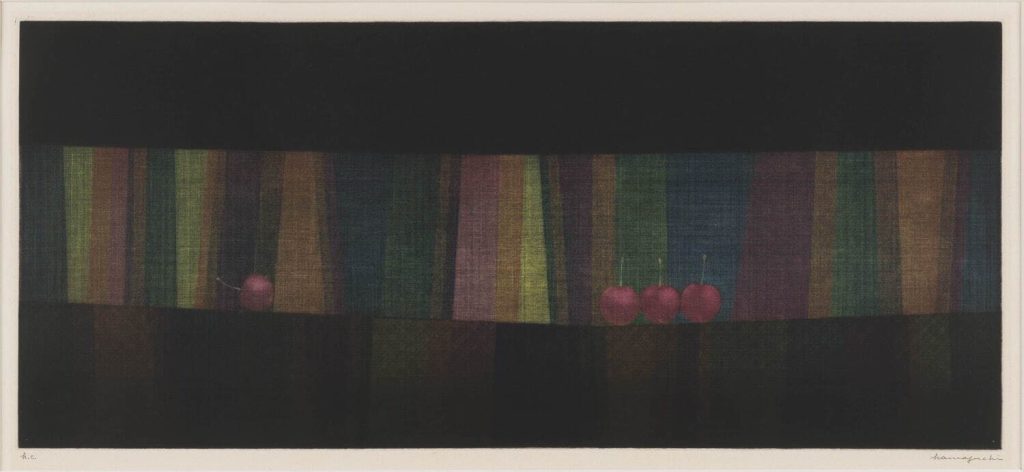 浜口陽三 《4つのさくらんぼ》 1963年　カラーメゾチント　23.3×54.2cm

