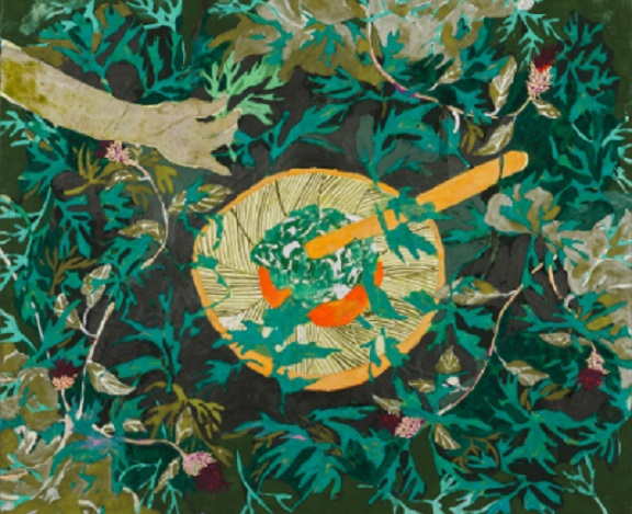 浅野　友理子
「よなよなヨモギ摘み」木製パネルに和紙・油彩・岩絵具・水干絵具60.6×72.7cm