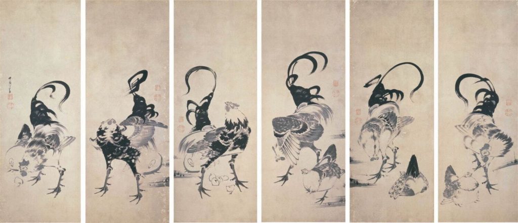 伊藤若冲《鶏図押絵貼屛風》(左隻)　1797年(寛政9年)　細見美術館蔵

