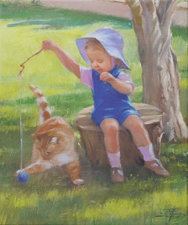 ねこ遊び」 油彩 F8号 ただ単に描写するのではなく、猫の気持ちにならないと、このような絵は描けない、と思われるほど生き生きとねこが描かれています。
