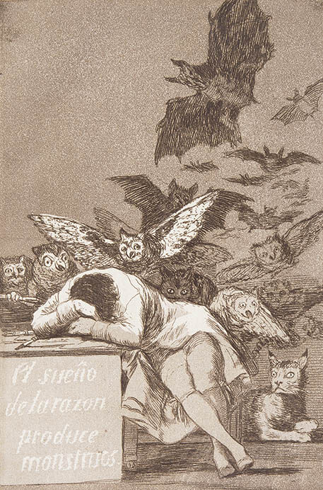 フランシスコ・デ・ゴヤ《理性の眠りは怪物を生む》『ロス・カプリーチョス』第43番、1797-99年、エッチング、アクアティント、長崎県美術館