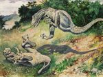 チャールズ・R ・ナイト 《ドリプトサウルス（飛び跳ねるラエラプス）》 1897年　グアッシュ・紙　40× 58cm　アメリカ自然史博物館、ニューヨーク Image #100205624, American Museum of Natural History Library.