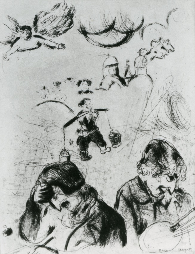 マルク・シャガール『死せる魂』より 《ゴーゴリとシャガール》1925 年 © ADAGP, Paris & JASPAR, Tokyo, 2022, Chagall®　G2792
