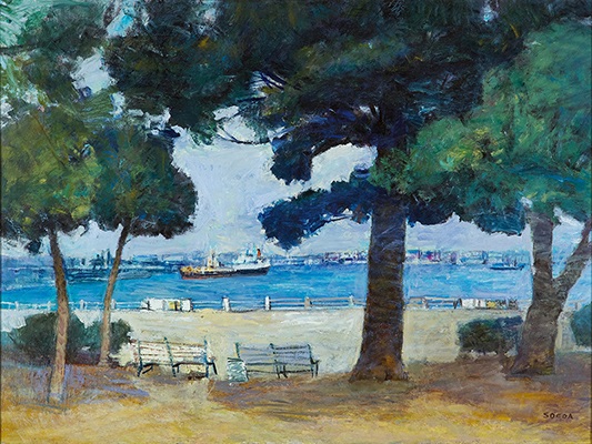 添田定夫《春光の横浜港》1988年 油彩、キャンバス 97.2×130.2cm


