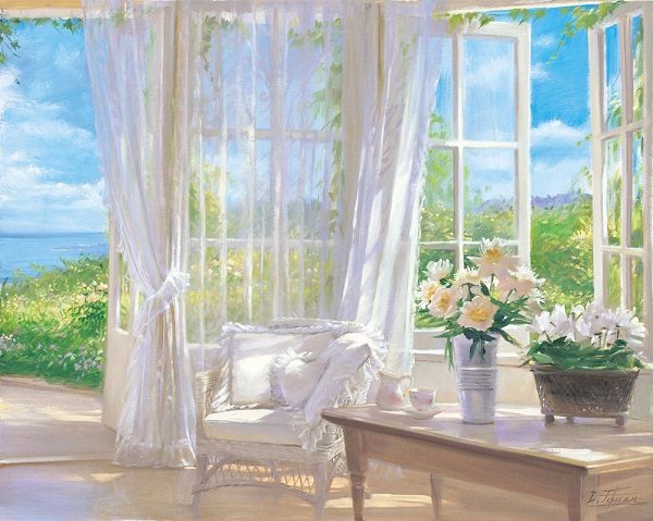 「ドリーミーモーニング」

キャンバスに版画（ジクレー）

50 × 60 cm

 

レースのカーテンに風を、

室内に差す生きているような光のニュアンスに音楽を感じることが出来ます。

白を基調とするカーテンと椅子にマッチした花の色が、洗練された雰囲気を高めています。