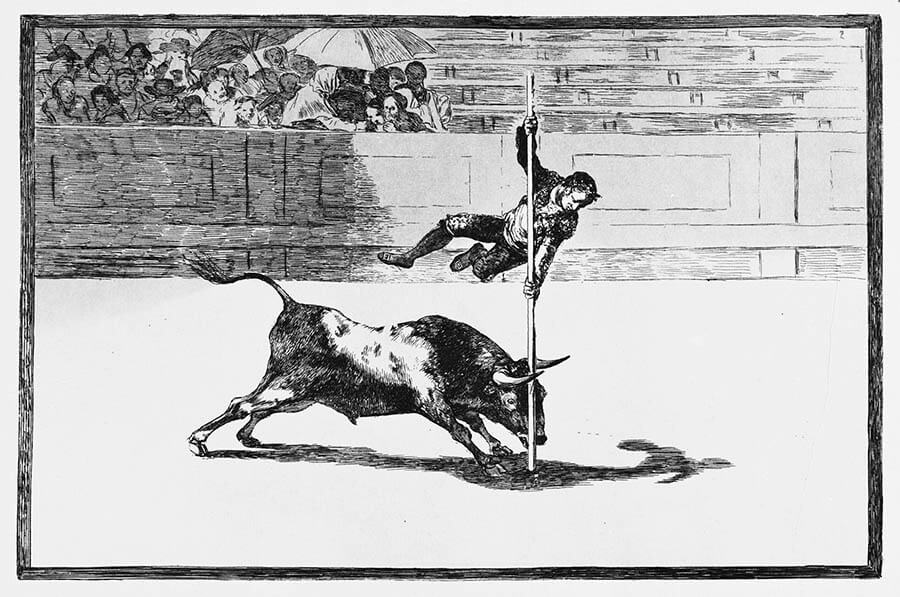 フランシスコ・ホセ・デ・ゴヤ・イ・ルシエンテス〈闘牛技〉20番 《マドリードの闘牛場でファニート・アピニャーニが見せた敏捷さと大胆さ》1816年　エッチング、アクアティント　国立西洋美術館