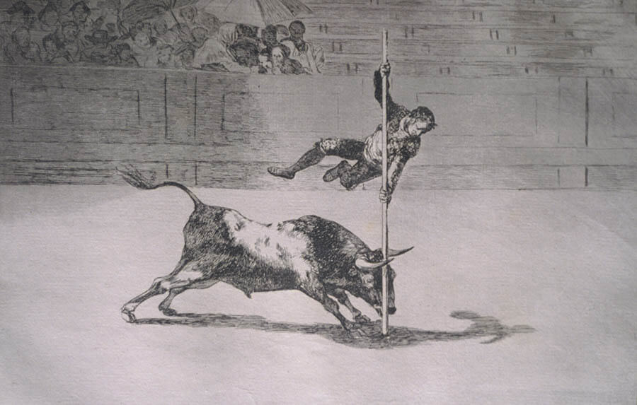 フランシスコ・デ・ゴヤ《マドリード闘牛場でフアニート・アピニャーニが見せた敏捷さと大胆さ》『闘牛技』第20番 1816年、エッチング、アクアティント、長崎県美術館

