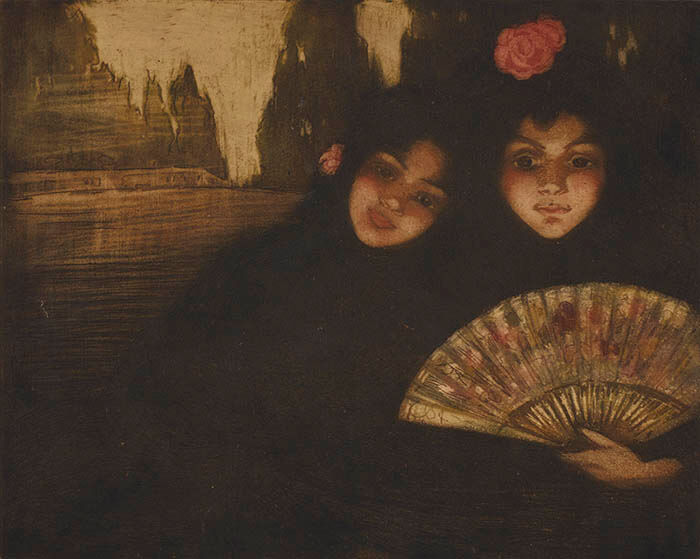 ラモン・ピチョット《2人の少女》1906年頃、エッチング、アクアティント、プぺ法による着彩、国立西洋美術館

