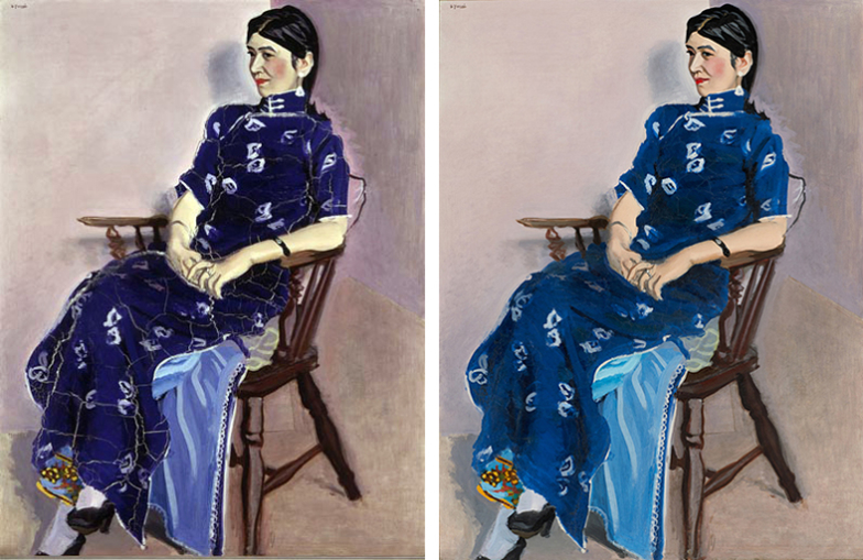 安井曽太郎《金蓉》1934年、画像の左が修復前、右が修復後
