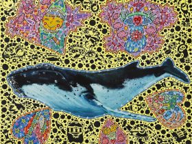 HiroGeTai「幸せ探しの旅」 （油彩・水性アルキド樹脂絵具・アクリル・ポスカ・ペン・キャンバス、F8号、額装）